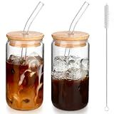 16 oz Iced Coffee Cups with Lids and Straws,2 Pcs Glass Cups Set Reusable