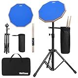12 Inch Practice Drum Pad with Stand and Sticks, Beginner Snare Drum Pad with Drumsticks and Carrying Bag, Double Sided Silent Drum Pad (Blue)