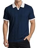 JMIERR Men's Johnny Collar Polo Shirts Contrast Ribbed Cuffs Textured Jacquard Knit Top Slim Fit Fashion Golf Apparel, US43(L), Navy Blue