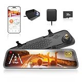 WOLFBOX G840S 12" 4K Mirror Dash Cam Backup Camera, 5.8GHz WiFi Smart Rearview Mirror for Cars & Trucks, Front and Rear View Dual Cameras, Night Vision, Parking Assistance, Included 32GB Card & GPS