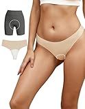 PoseFree Seamless No Show Thongs for Women, Invisible Workout Panties, Breathable G-String Underwear with Built-In Pad Nude M
