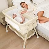 Kiniew Baby Crib, Baby Bassinets Bedside Sleeper with Breathable Mesh & Mattress, Easy Move Crib for Newborns with Lockable Wheels, 4-Adjustable Height Bedside Bassinet (Beige)