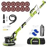AMYBEST Drywall Sander, Powerful Electric Drywall Sander with Vacuum Dust Collection, 5 Speed 1000-2100 RPM, Popcorn Ceiling Remover, LED Light & 12 Sanding Discs, Extendable Handle (GREEN)