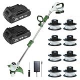Cordless String Trimmer, Foldable Design with Adjustable Handle Trimmer Lawn, Weed Wacker with 2 x Batteries, Safe Reliable Edger Lawn Tool, Electric Weed Eater, White Green