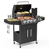 ROVSUN 4 Burner Propane Gas Grill with Side Burner, 58,000BTU BBQ Grills with Enameled Cast Iron Grates, Shelf & Cabinet for Outdoor Garden Patio Backyard Barbecue Cooking