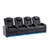 comfiroom Home Theater Seating Seats Classic Series Top Grain Leather Recliner Chair Dual Power Electric Headrest Movie Gaming Sofa with Tray Table Type-C USB Charger Cup Holders (Black, Row of 4)