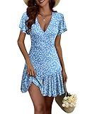 ANRABESS Womens Summer Mini Dresses 2026 Casual Floral Beach Vacation Sundress Wrap V Neck A-Line Boho Spring Short Dress Blue White Floral L