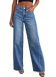 Sidefeel Women's Wide Leg Jeans High Waisted Stretchy Raw Hem Denim Pants Size 18 Blue