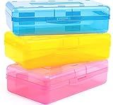 Sooez 3 Pack Pencil Case, Large Hard Pencil Box Bulk, Clear Crayon Box Marker Pen Organizer, Small Plastic Storage Container with Snap Lid, Stackable School Art Supply Bead Craft Organizer, Colorful