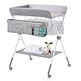 VEVOR Baby Changing Table, Foldable Diaper Change Station with Side Basket, Adjustable Height Changing Table with Lockable Wheels, Multi-Functional Nursery Storage Organizer, Gray