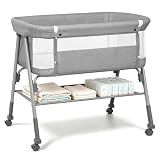 Bolmen Baby Bassinet, 3-in-1 Baby Bassinets Bedside Sleeper for Newborn with Breathable Mesh, Portable Baby Crib with 4- Adjustable Height, Mattress, Storage Basket & Lockable Wheels, CPSC Grey