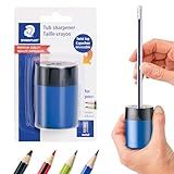 STAEDTLER Pencil Sharpener (1 Pack) with Screw Lid and Tub - No Spill Compact Design for Standard and Colored Pencils, Metal Blade, Assorted Colors