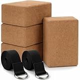 Leitee 6 Pcs Cork Yoga Blocks with Straps 9 x 6 x 4 Inch Cork Yoga Brick 8.2 FT Strap Non Slip High Density Bricks Exercise Blocks for Physical Stretching Flexibility Balance Fitness Pilates