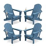 SERWALL Folding Adirondack Chair with Cup Holder Set of 4, Weather Resistant HIPS Patio Chairs, Wooden Textured, Fire Pit Chairs for Garden Outdoors Fire Pit - Blue