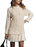 MINSURE Women Cable Knit Sweater Dress Crewneck Long Sleeve Pleated Mini Dress Twofer Style Patchwork Dress(Beige-L)