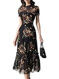 GothDark Women's Summer Floral Mesh Ruffle Dress Short Sleeve Round Neck Waist Cinched Casual Maxi Wedding Guest Dresses
