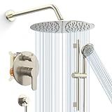 SR SUN RISE 12 Inch Rain Shower System, High Pressure Shower Heads and Handheld 6-Spray Combo Set Slide Bar Shower Faucets Sets Complete Included Valve and Trim Kit for Bathroom, Brushed Nickel
