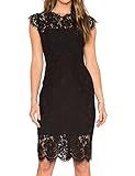 MEROKEETY Women's Sleeveless Lace Floral Elegant Cocktail Dress Crew Neck Knee Length for Party, Black, Large