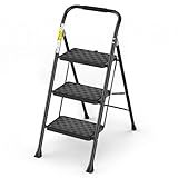 HBTower 3 Step Ladder, 3 Step Stool for Adults, 3 Step Ladder Folding Step Stool with Cushioned Handle Step Ladder with Wide Pedal Ergonomic Design,Black