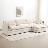 ROWHY 112'' Modular Sectional Cloud Couch with Movable Ottoman, 4 Seat Modern Corduroy Sofa, Deep Seat L Shaped Couch for Living Room Bedroom Apartment, Beige