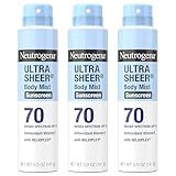 Neutrogena Ultra Sheer Body Mist Sunscreen Spray, Broad Spectrum SPF 70, Lightweight Spray Sunscreen, Non-Greasy & Water Resistant, Oil-Free & Non-Comedogenic UVA/UVB, 5 oz, Pack of 3