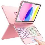 FUWANG Touch Keyboard Case for iPad A16 11th/10th Gen, 360° Rotating, Pink