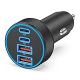 [4 in 1] USB C Car Charger, 4-Port 90W Super Fast Charging Cigarette Lighter Adapter, Dual 45W USBC & USB-A Multiport Car Phone Charger Accessories for iPhone 17 16 15 14 13 12, iPad, Galaxy, Tablet