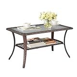 VINGLI Outdoor Coffee Table with Storage Wicker Patio Coffee Table, Tempered Glass Top Coffee Table for Patio Outside Balcony Porch Deck (Brown)