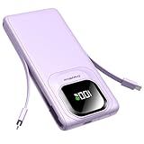 Portable Charger Power Bank with Built-in Cables, 22.5W Fast Charging 10000mAh Phone Charger, Travel Battery Pack Slim Battery Bank with Smart LED Display for iPhone, Android & USB-C Devices (Purple)