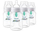 Philips Avent Anti-Colic Baby Bottle with AirFree Vent, 9oz, with Flow 2 Nipples, 1m+, 4pk, Clear, SCY703/04