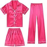 DIPUG Silk Satin Pajamas Set Soft Girls 3 Piece PJs Sleepwear for Comfortable Nights(Hot Pink)