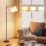 Ambimall Tall Floor Lamps with 3 Color Temperatures Bulb & Adjustable Linen Shade, for Living Room, Bedroom, Office, Classroom, Dorm Room (9W Bulb Included), Beige & Black, 60"