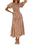 ZESICA Women's 2025 Summer Boho Floral Print Square Neck Ruffle Swing Beach Long Maxi Dress,GreyGreen,Small
