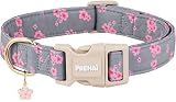 PREHAI Pink Floral Dog Collar Elegant Gray Summer Spring Adjustable Collars for Boy Girl Small Medium Large Dogs M