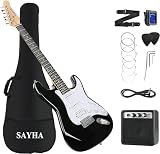 SAYHA Electric Guitar, 39 Inch Solid Full-size Electric Guitar HSS Pickups Starter Kit Includes Amplifier, Bag, Digital Tuner, Strap, String, Cable, Picks（Black）