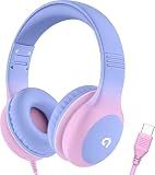 ADOOPE Wired Kids Headphones with USB C Plug, 85dB Safe Volume, Adjustable Headband, Tangle-Free Cord Headphones for School, Tablet, Travel (Light Purple & Pink, Without Microphone)