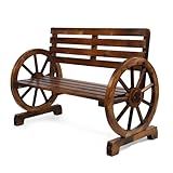 VINGLI Rustic Wooden Wheel Bench Outdoor Bench, Patio Bench Wagon Slatted Seat, Garden Benches for Outdoors 350lbs High Capacity, Weather Resistance (Rustic, 41in)