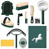 Abbylike 12 Pieces Horse Grooming Kit Racing Festival Tack Room Supplies Horse Brush Sets Equine Care Cleaning Kit Shedding Grooming Massaging Tools (Khaki and Green)