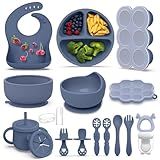 16 Pack Silicone Baby Feeding Set, BPA-Free Baby LED Weaning Supplies, Include Suction Plates, Baby Bowls, Silicone Fork & Spoon, and More, First Stage Baby Food Eating Utensils - 6+ Months(Blue, 16)