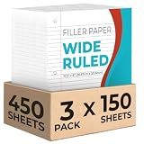 Rosmonde Loose Leaf Paper, 450 Sheets, 3 Pack, Wide Ruled Sheets, 8" x 10.5", Bulk Notebook Paper, 3 Hole Punched, 150 Sheets/Pack, Wide Ruled Paper for Binders, Loose Leaf Office Paper, White