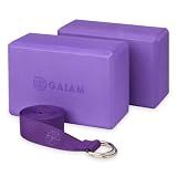 Gaiam Essentials Yoga Block 2 Pack & Yoga Strap Set, Deep Purple, 9"W x 6"H x 4"D