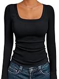 AUTOMET Womens Long Sleeve Shirts Square Neck Tops Ribbed Basic Teen Girls Going Out Crop Tops Fall Outfits Fashion Clothes 2025 Black M