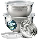 Baker's Signature Stainless Steel Mixing Bowls With Lid, Metal Mixing Bowl Set Of 3, Nesting Set For Food Prep, Baking,Storage, Cooking, Serving | Dishwasher Safe, Silver, 1.5/3/5 Qt