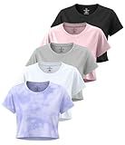 Real Essentials 5 Pack: Women's Dry Fit Crop Top - Short Sleeve Crew Neck Stretch Athletic Tee (Available in Plus Size) - Set 6, M
