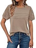 AUTOMET Short Sleeve Shirts for Women Summer Tops 2026 Spring Fashion Dressy Casual Outfits Lace Trendy Top Cute Work T Shirt Business Vacation Clothes Blouses Khaki XL