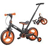 JMMD 6 in 1 Toddler Bike with Push Handle for Kids 18-60 Months, 12" Foldable Balance Bike with Training Wheels, Pedals, Brakes, Kickstand, Push Tricycle Toddler Gift & Toys for Boy & Girl
