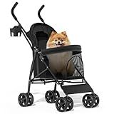MoNiBloom 4 Wheels Pet Stroller, Easy-Fold Puppy Cage Jogger Stroller with Sun Cover, Pad and Rear Storage Bag, Breathable and Visible Mesh for Small/Medium Pets up to 22 lbs, Black