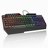 TECKNET Wired RGB Gaming Keyboard - 26-Key Anti-Ghosting, 13 Lighting Modes, Spill-Resistant, 108 Membrane Keys, Plug & Play - with Ergonomic Wrist Rest & Phone Holder for Windows/Mac (Black)