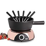 Artestia Swiss Design 2-QT Electric Fondue Pot for Meat, 1500W Ceramic Chocolate Melting Pot with Adjustable Temperature, 6 Fondue Forks, White Ceramic Pot with Rose-Gold Base (Black)