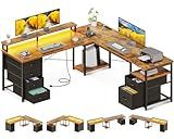 AODK 66" L Shaped Computer Desk, 113“ Reversible Home Office Desk with File Cabinet & 4 Fabric Drawers, Two Person Desk with LED Lights & Power Outlet, Corner Gaming Desk with Monitor Shelf, Vintage